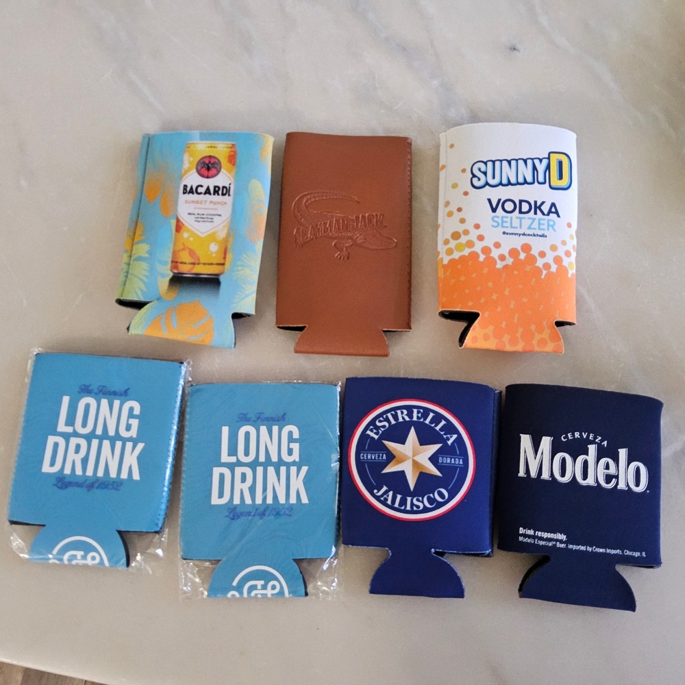 Lot of 7 Beer Can Coolers Koozies Bacardi Sunny D Modelo Long‎ Drink